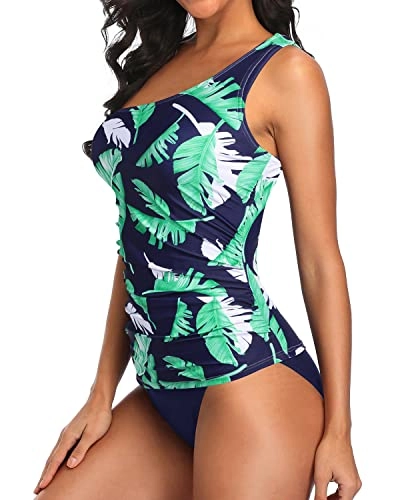 2 Piece Slimming Swimming Suit One Shoulder Tankini For Women-Blue Leaf