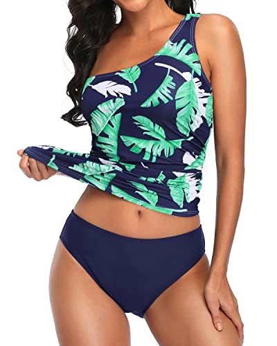 2 Piece Slimming Swimming Suit One Shoulder Tankini For Women-Blue Leaf